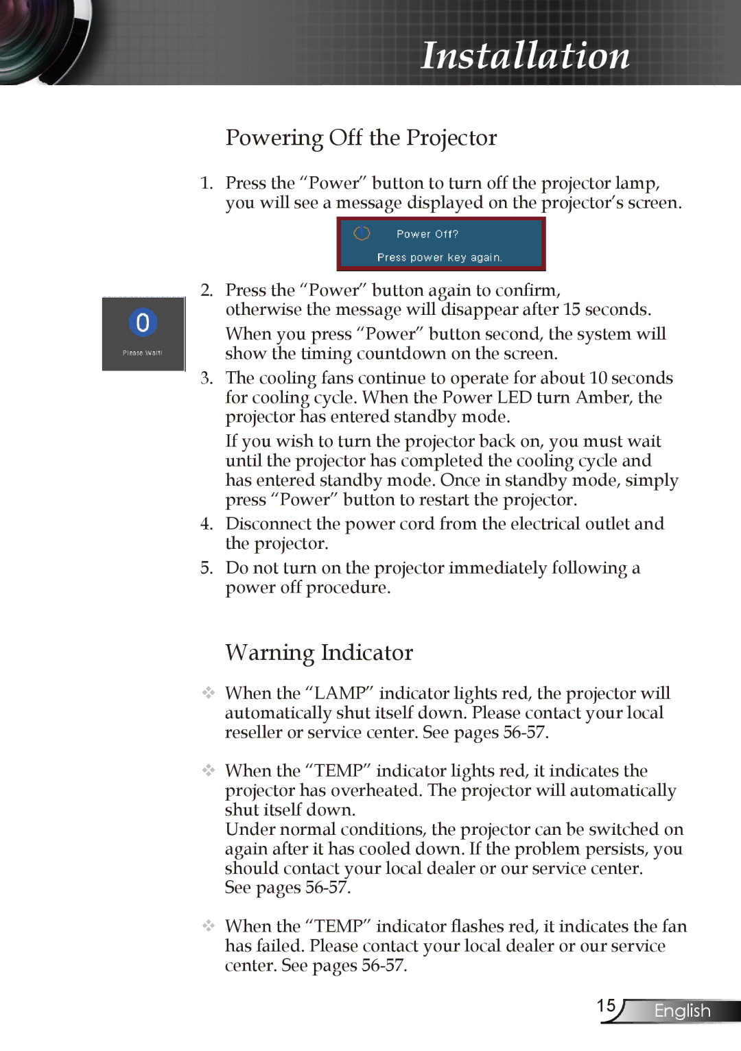 Optoma Technology EW1610 manual Powering off the projector 