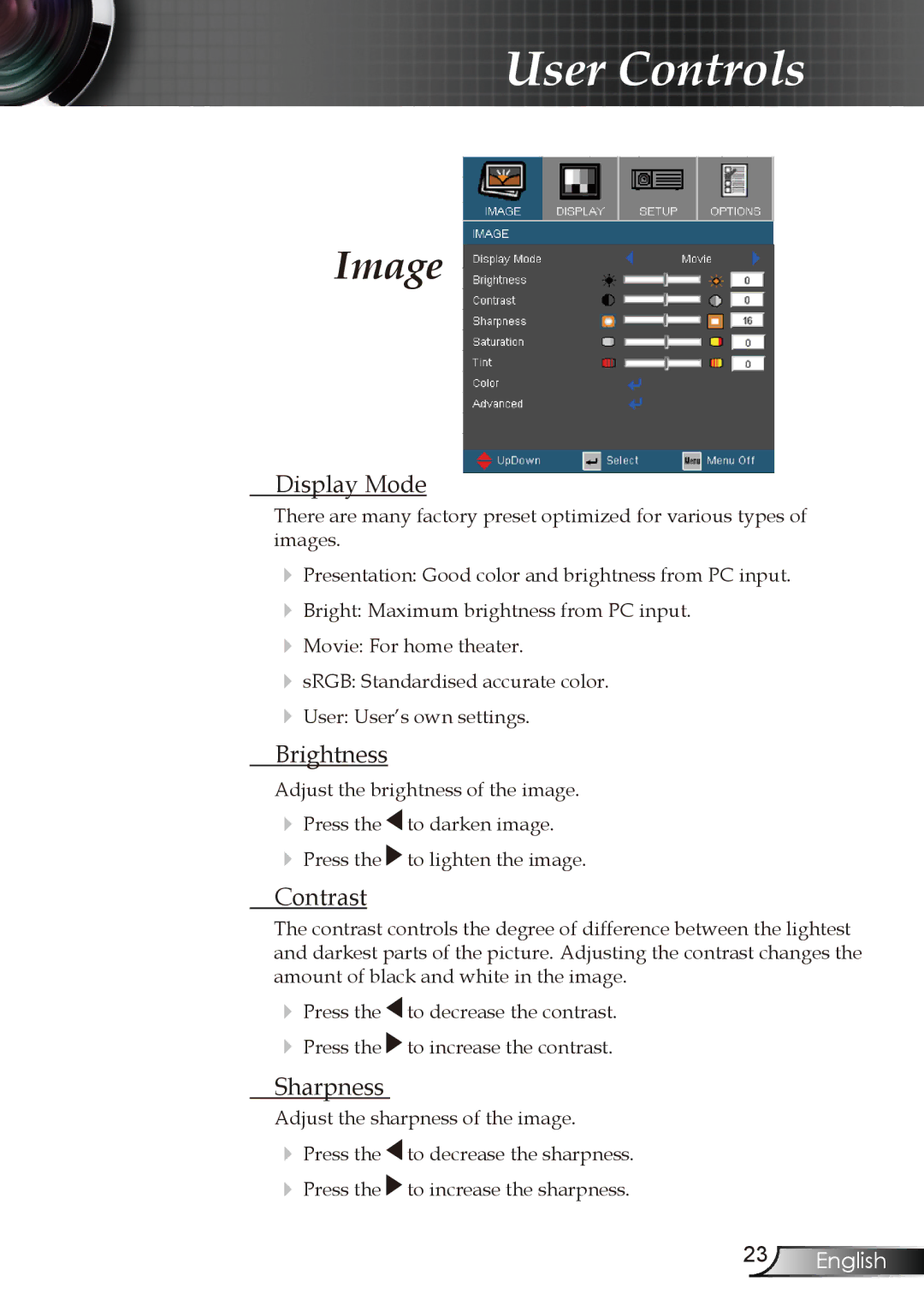 Optoma Technology EW1610 manual Image, Display Mode, Brightness, Contrast, Sharpness 