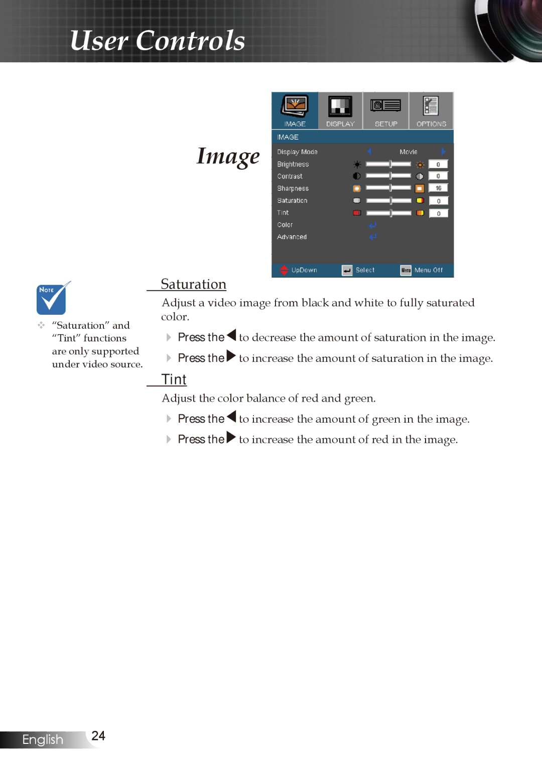 Optoma Technology EW1610 manual Saturation, Tint 