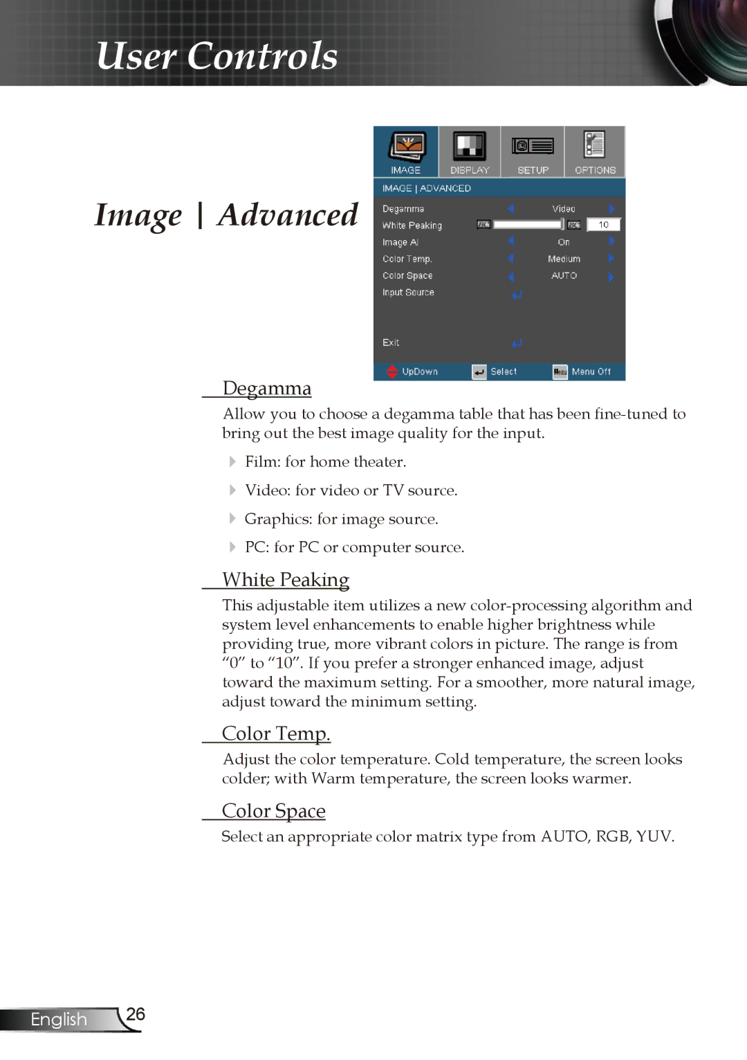 Optoma Technology EW1610 manual Image Advanced, Degamma, White Peaking, Color Temp, Color Space 