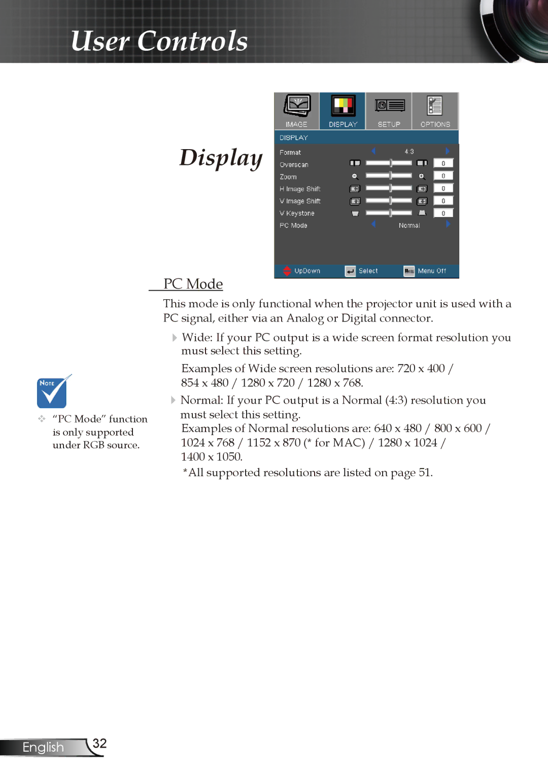 Optoma Technology EW1610 manual PC Mode 