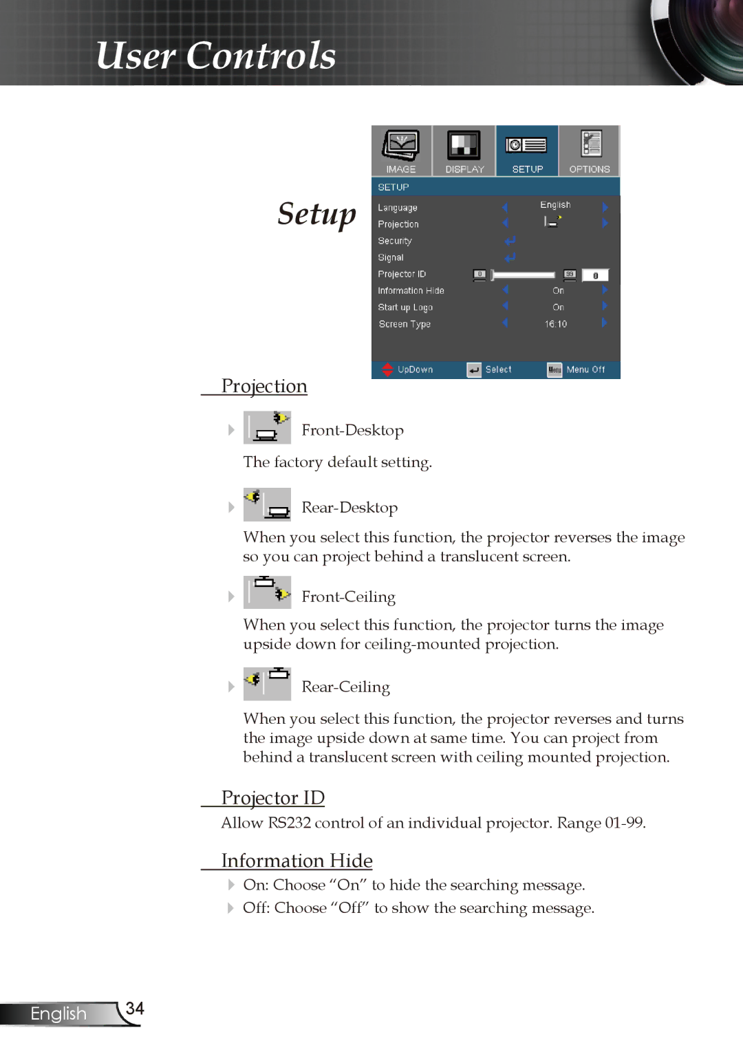 Optoma Technology EW1610 manual Setup, Projection, Projector ID, Information Hide 