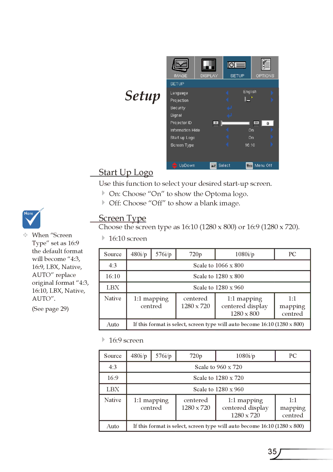 Optoma Technology EW1610 manual Start Up Logo, Screen Type 