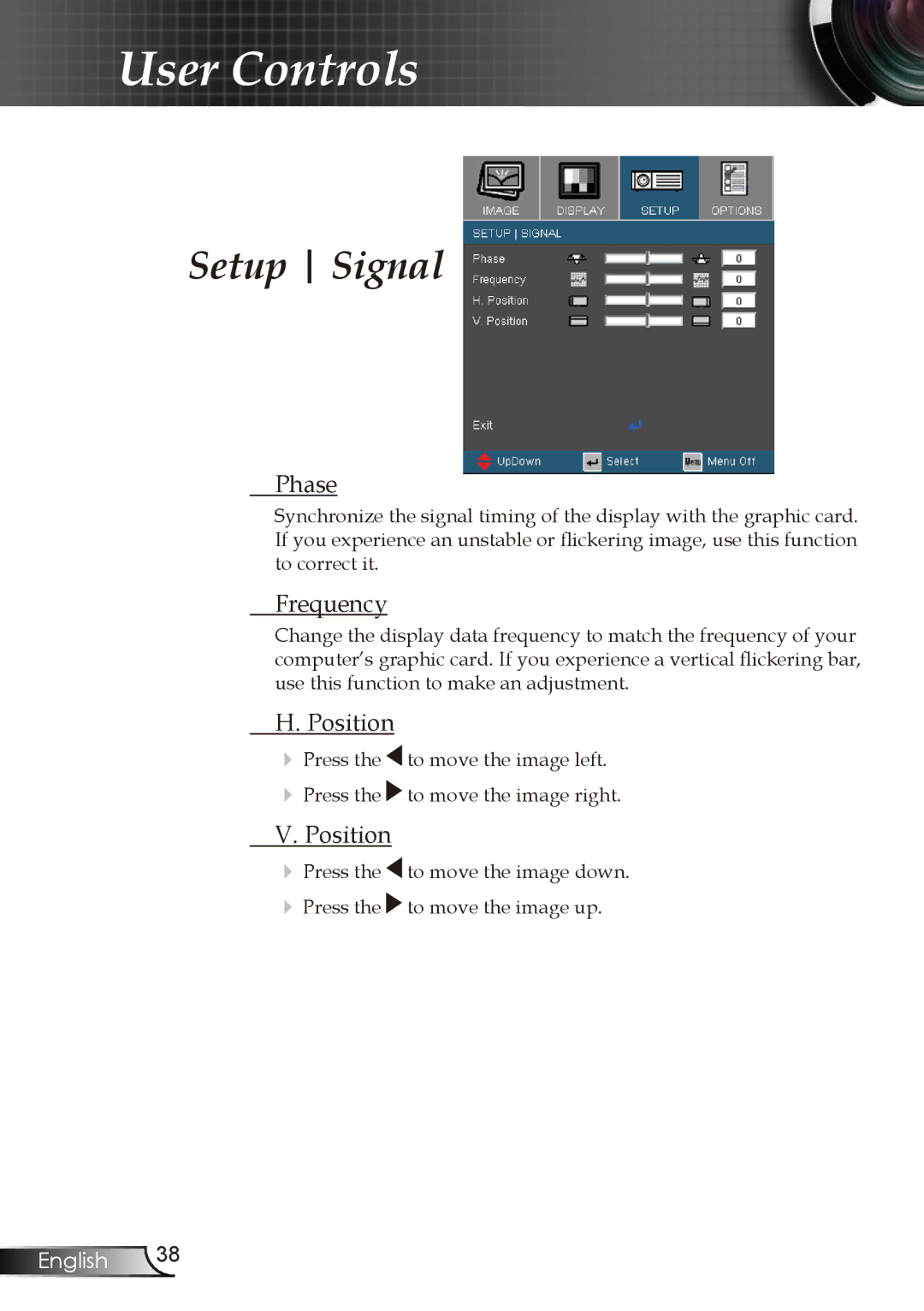 Optoma Technology EW1610 manual Setup Signal, Phase, Frequency, Position 