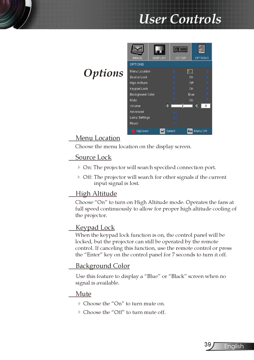 Optoma Technology EW1610 manual Options 