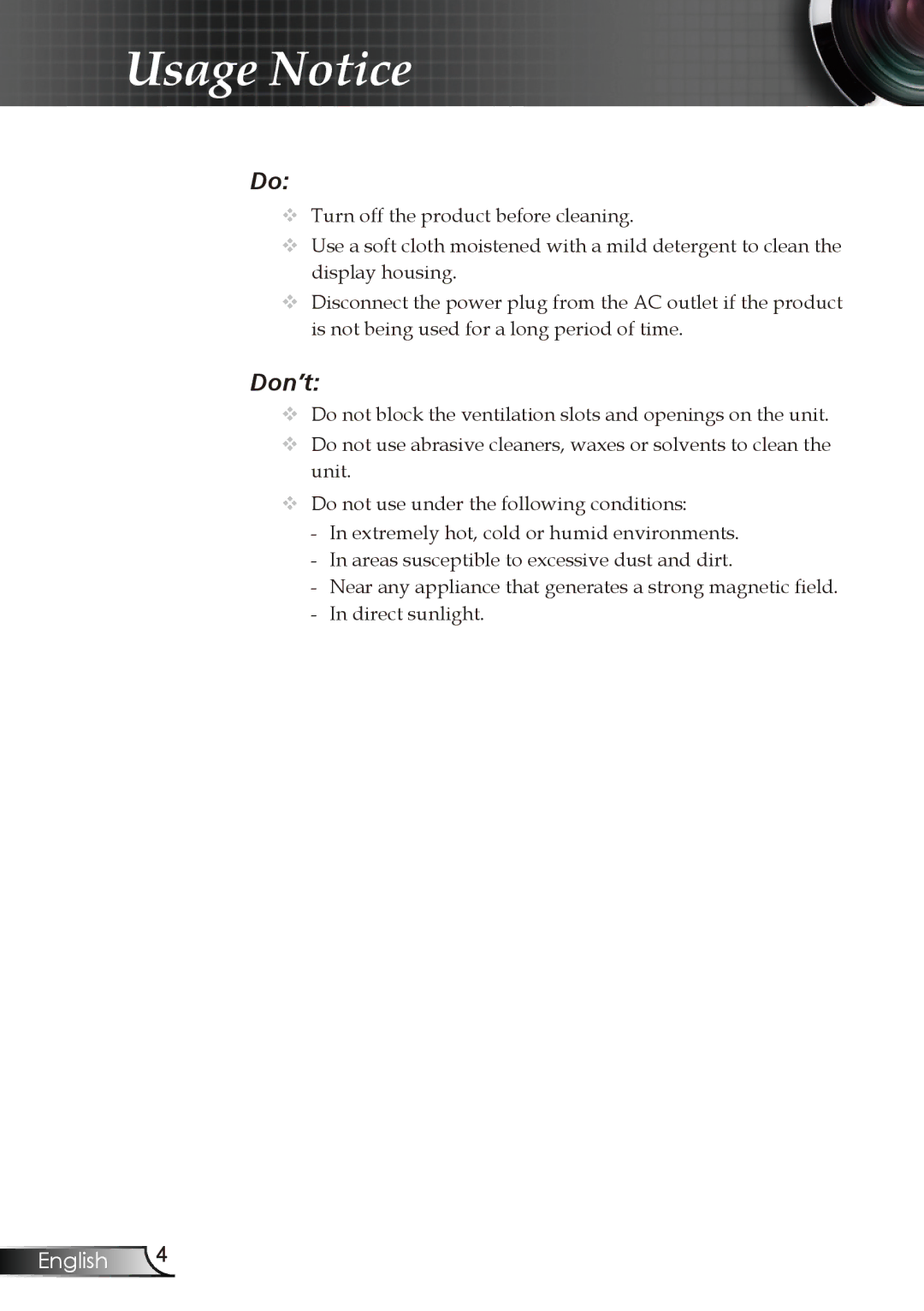 Optoma Technology EW1610 manual Don’t 