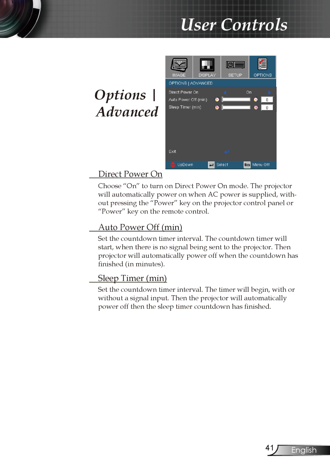 Optoma Technology EW1610 manual Options Advanced, Direct Power On, Auto Power Off min, Sleep Timer min 