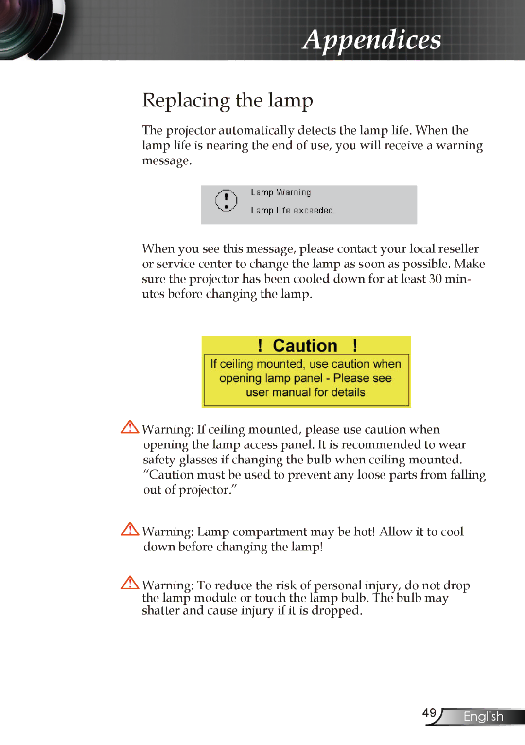 Optoma Technology EW1610 manual Replacing the lamp 