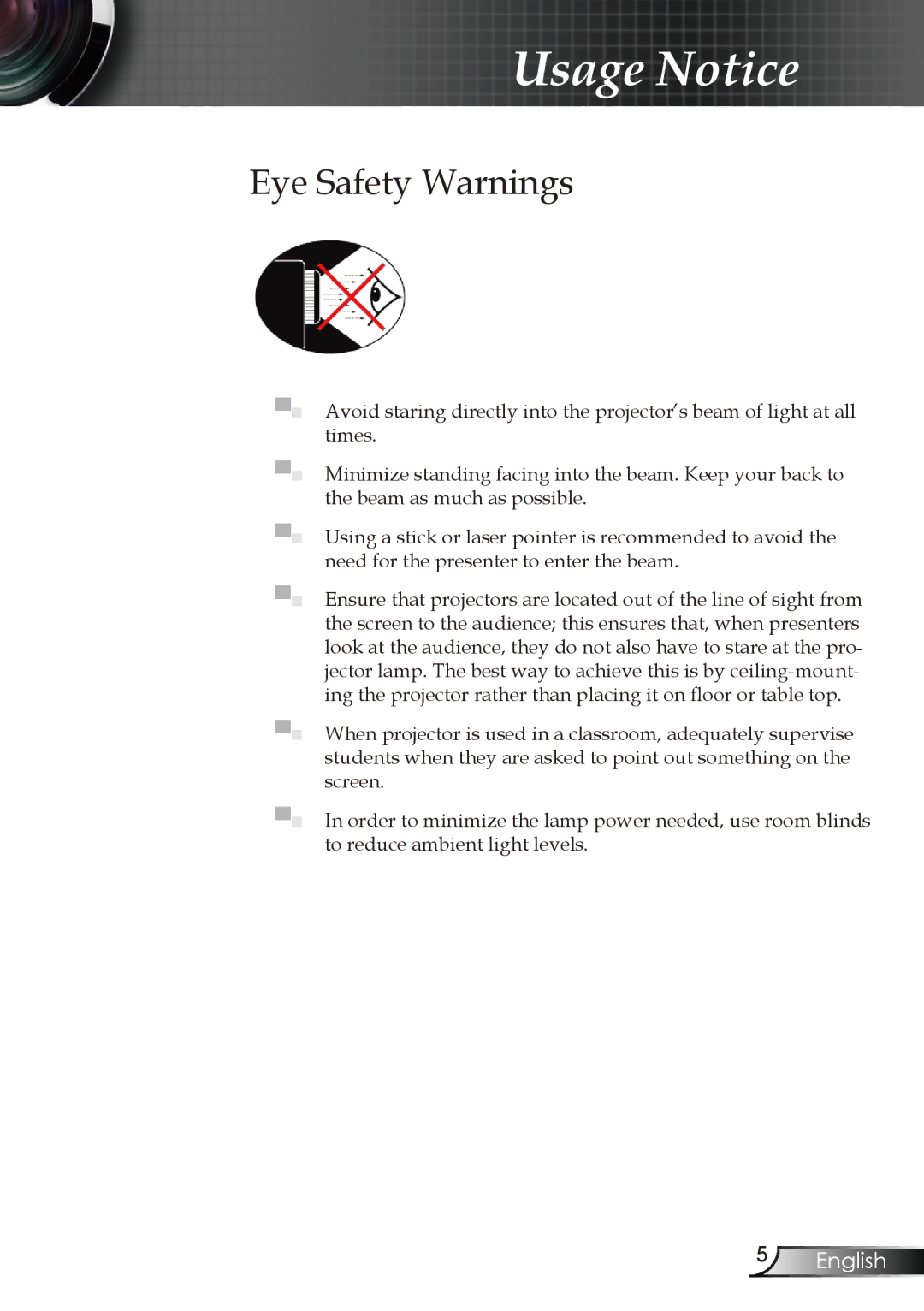 Optoma Technology EW1610 manual Eye Safety Warnings 