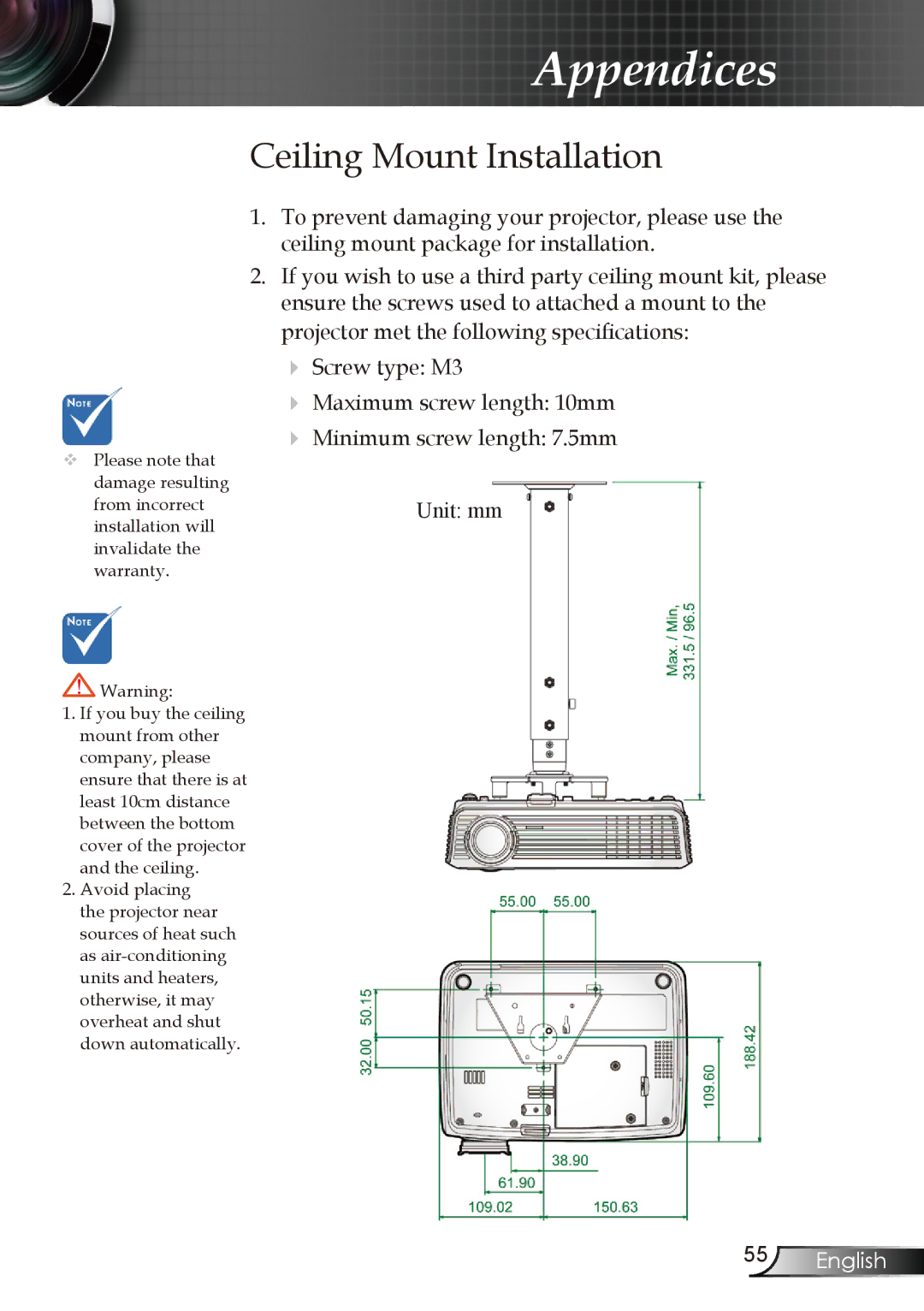 Optoma Technology EW1610 manual Ceiling Mount Installation 