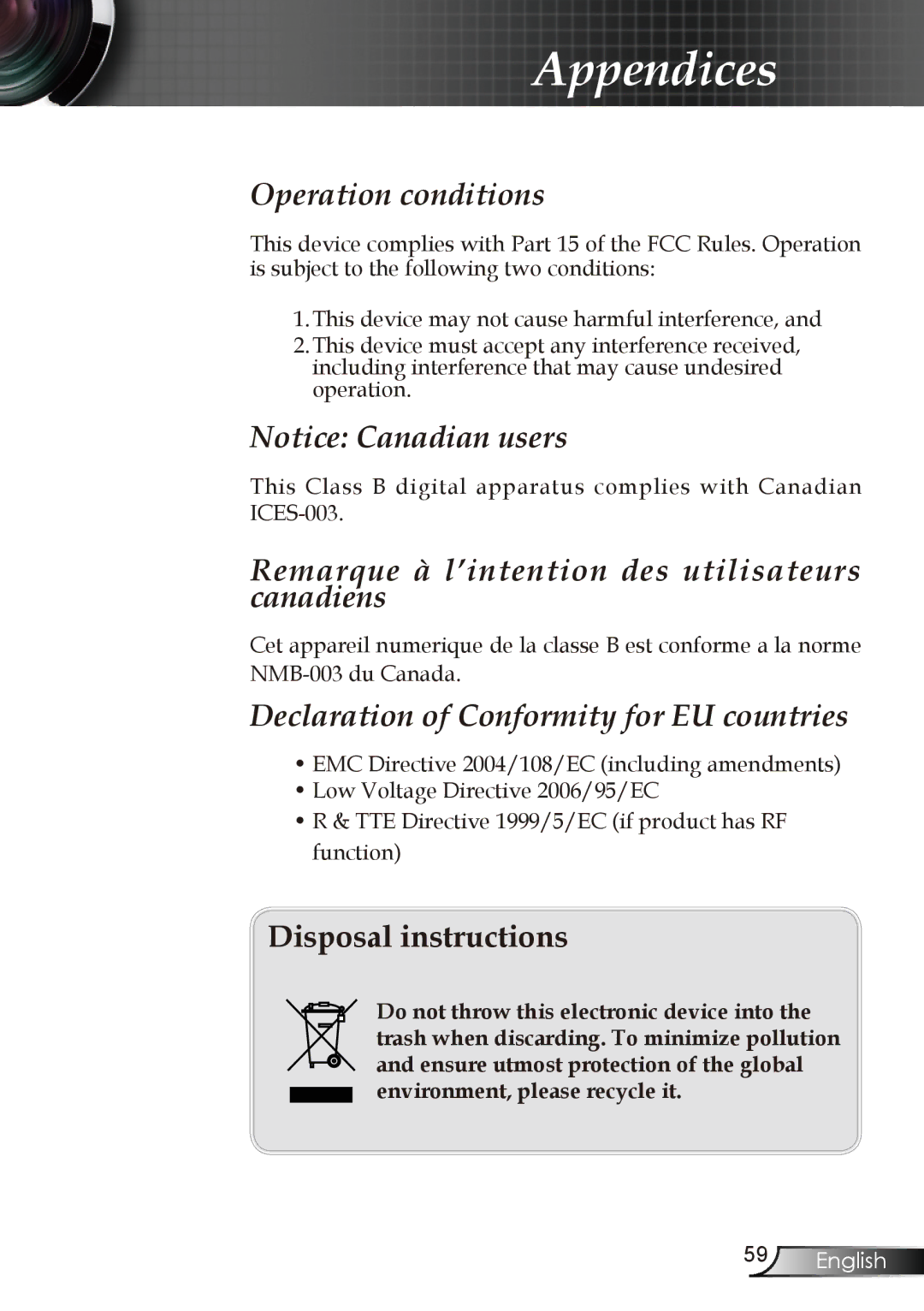 Optoma Technology EW1610 manual Remarque à l’intention des utilisateurs canadiens 