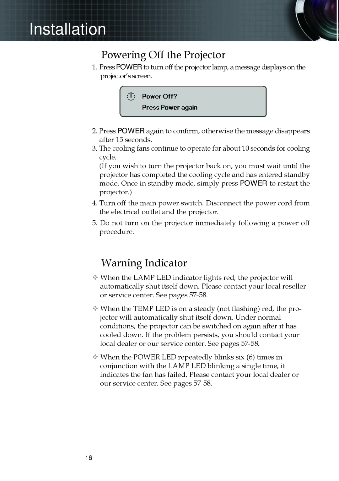 Optoma Technology EX520, EX530, ES522RFBA manual Powering Off the Projector 