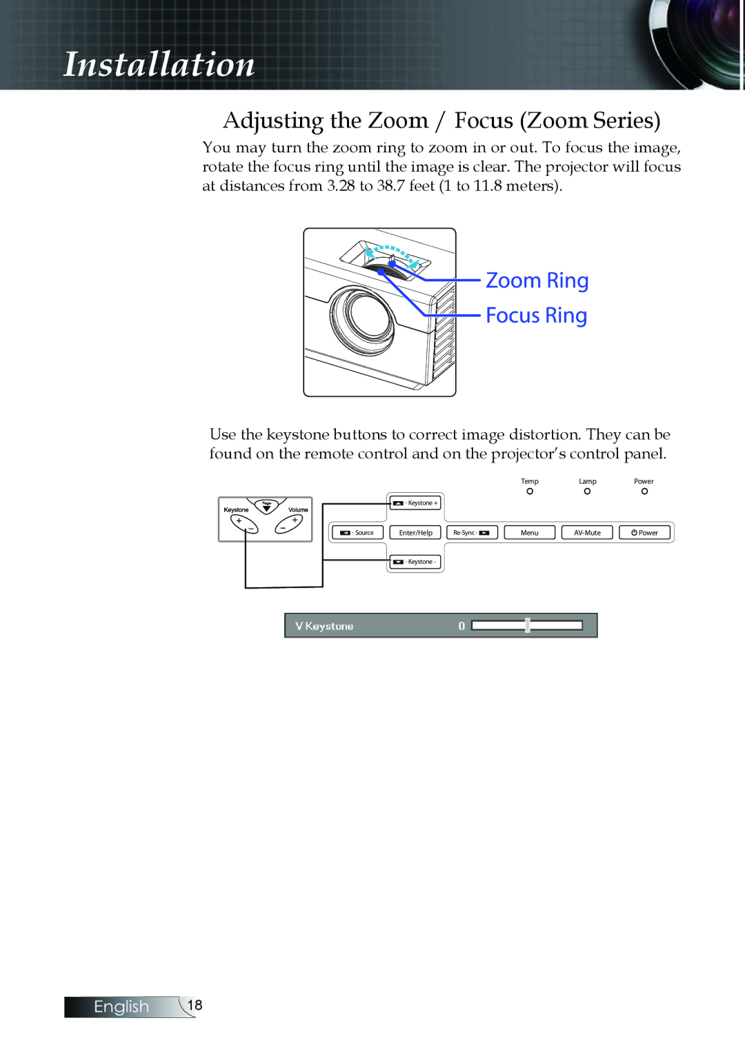 Optoma Technology EX530, EX520, ES522RFBA manual Adjusting the Zoom / Focus Zoom Series 