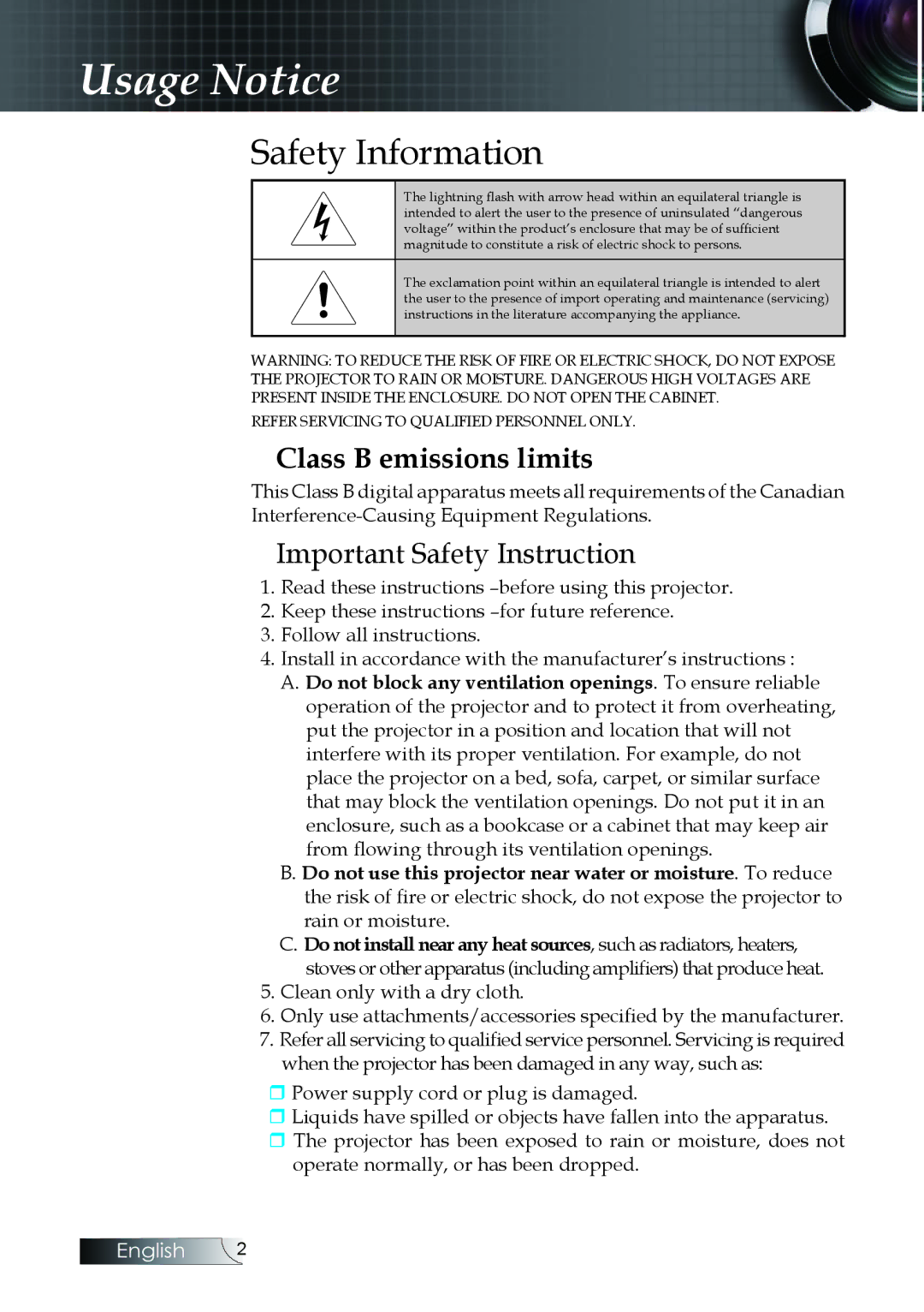 Optoma Technology ES522RFBA, EX530, EX520 manual Safety Information, Important Safety Instruction 