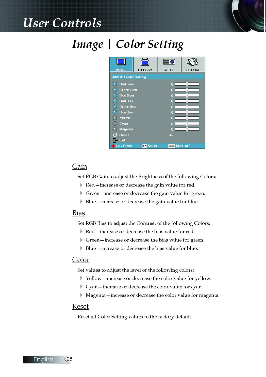 Optoma Technology EX520, EX530, ES522RFBA manual Image Color Setting, Gain, Bias, Reset 