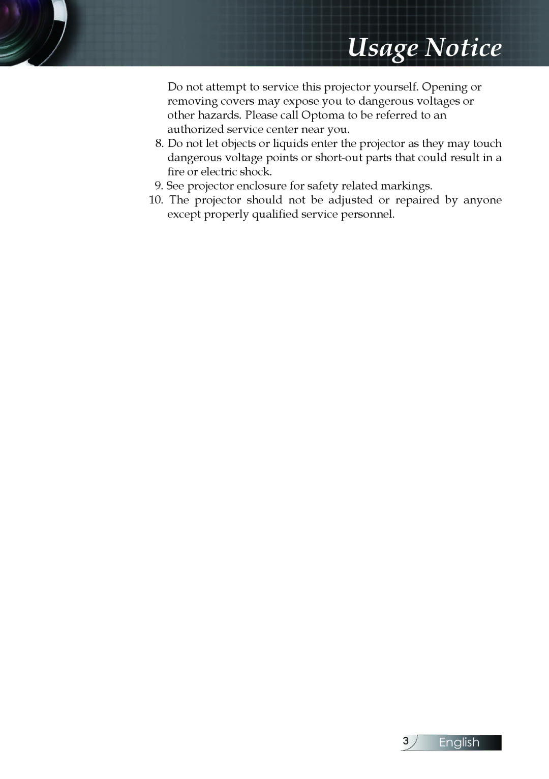 Optoma Technology EX530, EX520, ES522RFBA manual  English 