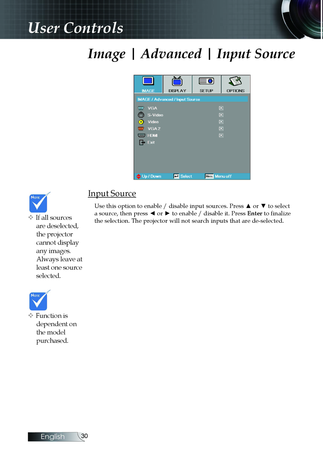 Optoma Technology EX530, EX520, ES522RFBA manual Image Advanced Input Source 