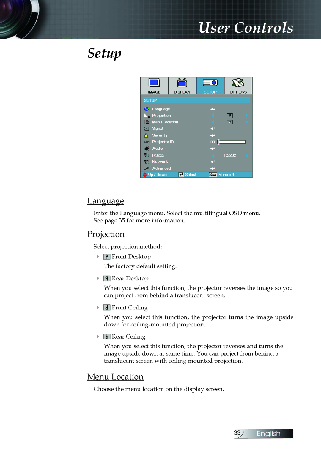 Optoma Technology EX530, EX520, ES522RFBA manual Setup, Language, Projection, Menu Location 