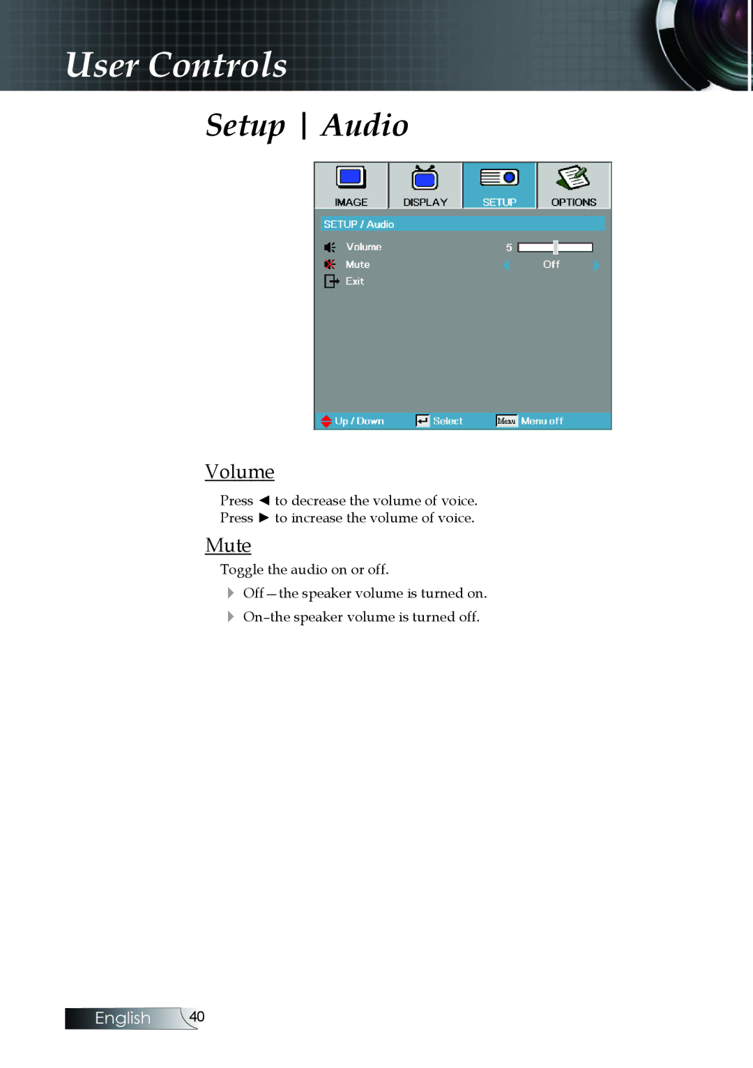 Optoma Technology EX520, EX530, ES522RFBA manual Setup Audio, Volume, Mute 