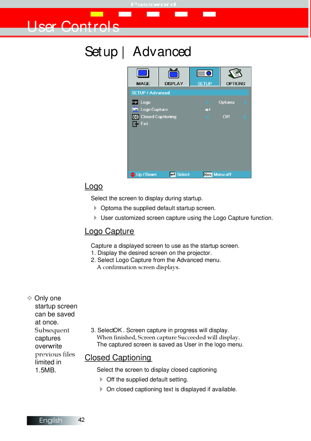 Optoma Technology EX530, EX520, ES522RFBA manual Setup Advanced, Logo Capture, Closed Captioning 