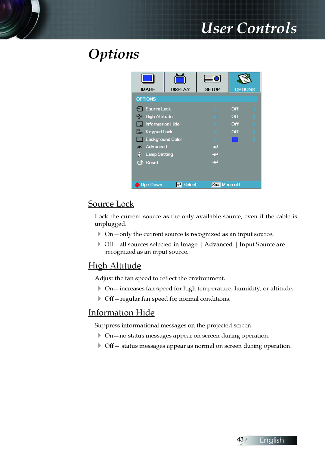 Optoma Technology EX520, EX530, ES522RFBA manual Options, Source Lock, High Altitude, Information Hide 