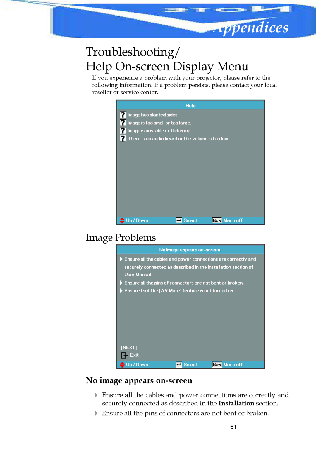Optoma Technology EX530, EX520, ES522RFBA manual Troubleshooting Help On-screen Display Menu, Image Problems 