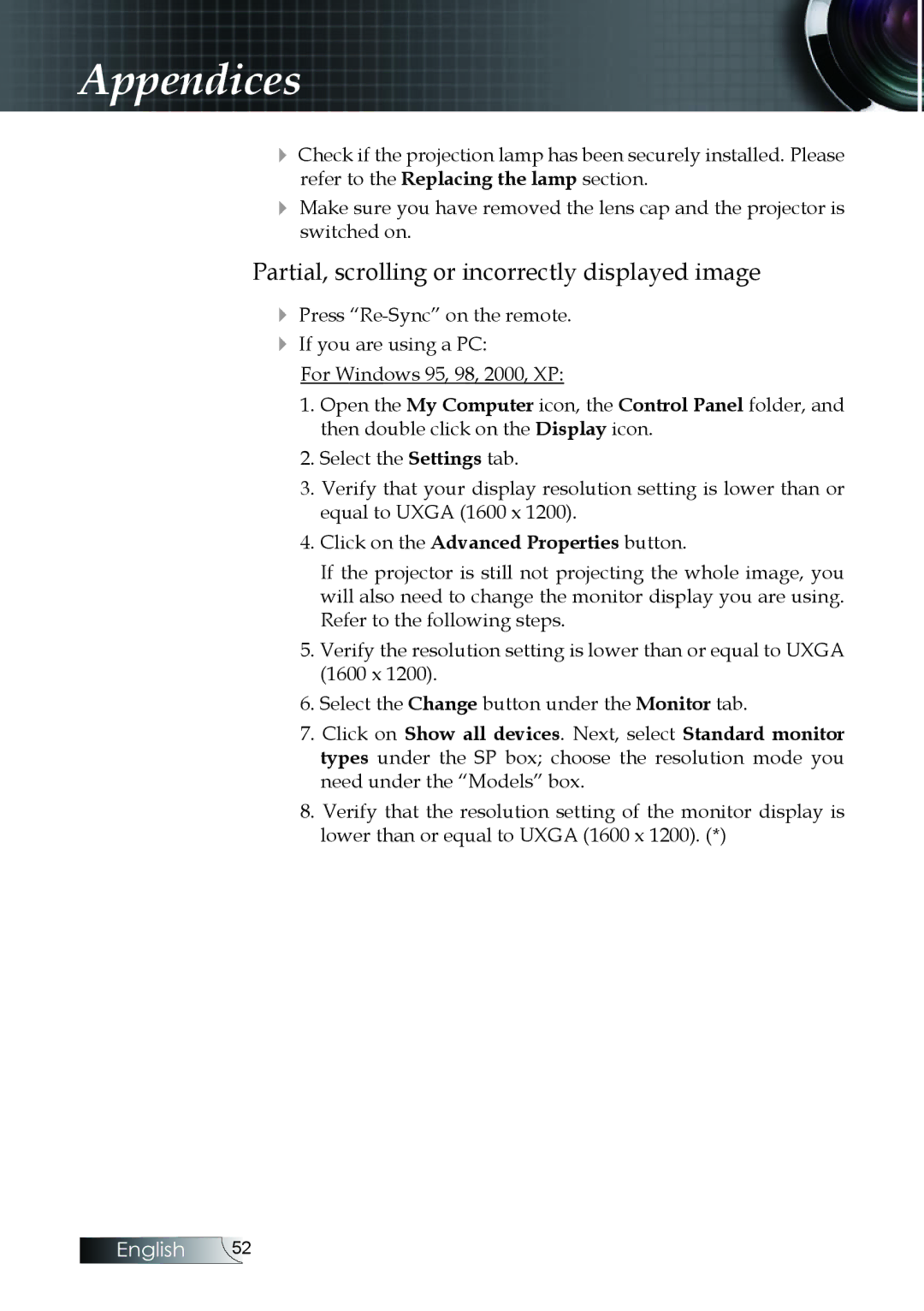 Optoma Technology EX520, EX530, ES522RFBA manual Partial, scrolling or incorrectly displayed image 