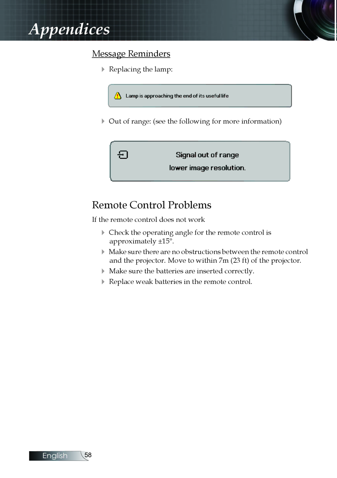 Optoma Technology EX520, EX530, ES522RFBA manual Remote Control Problems, Message Reminders 