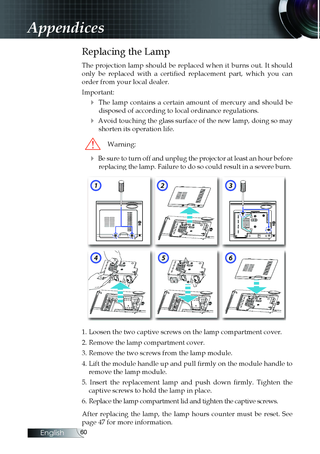 Optoma Technology EX530, EX520, ES522RFBA manual Replacing the Lamp 