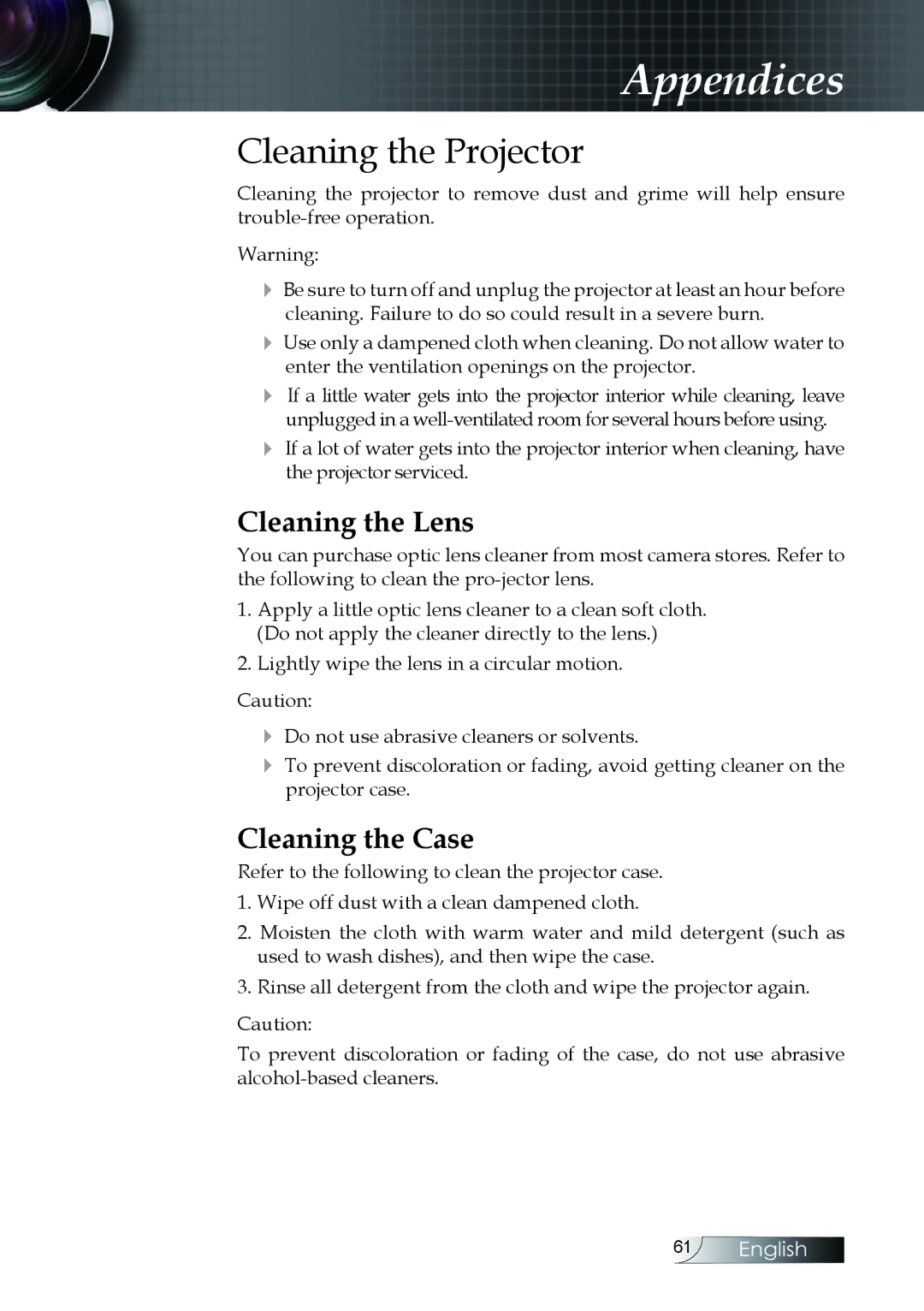 Optoma Technology EX520, EX530, ES522RFBA manual Cleaning the Projector, Cleaning the Lens 