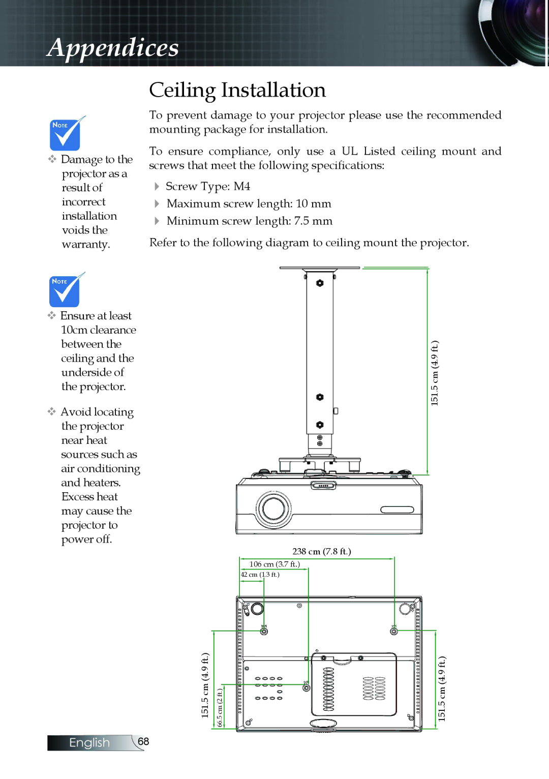 Optoma Technology ES522RFBA, EX530, EX520 manual Ceiling Installation 