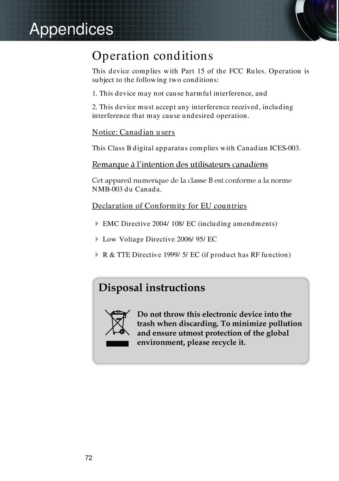 Optoma Technology EX530, EX520, ES522RFBA manual Operation conditions, Remarque à l’intention des utilisateurs canadiens 