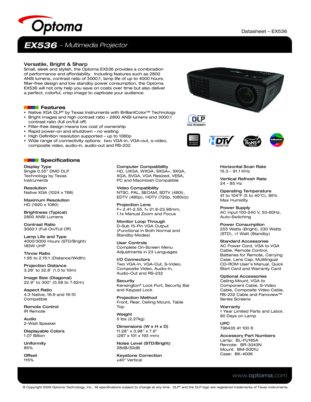 Optoma Technology specifications EX536 − Multimedia Projector, Versatile, Bright & Sharp, Features, Datasheet - EX536 