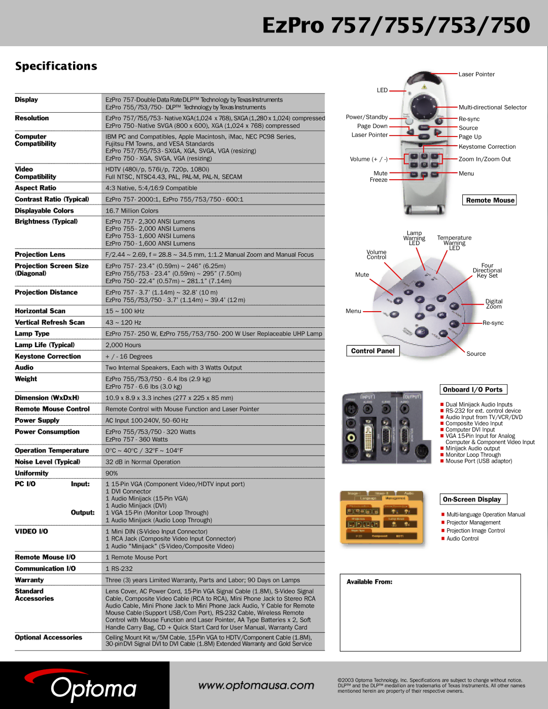 Optoma Technology EzPro 757, EZPRO 753, EzPro 755, EzPro 750 specifications Specifications 