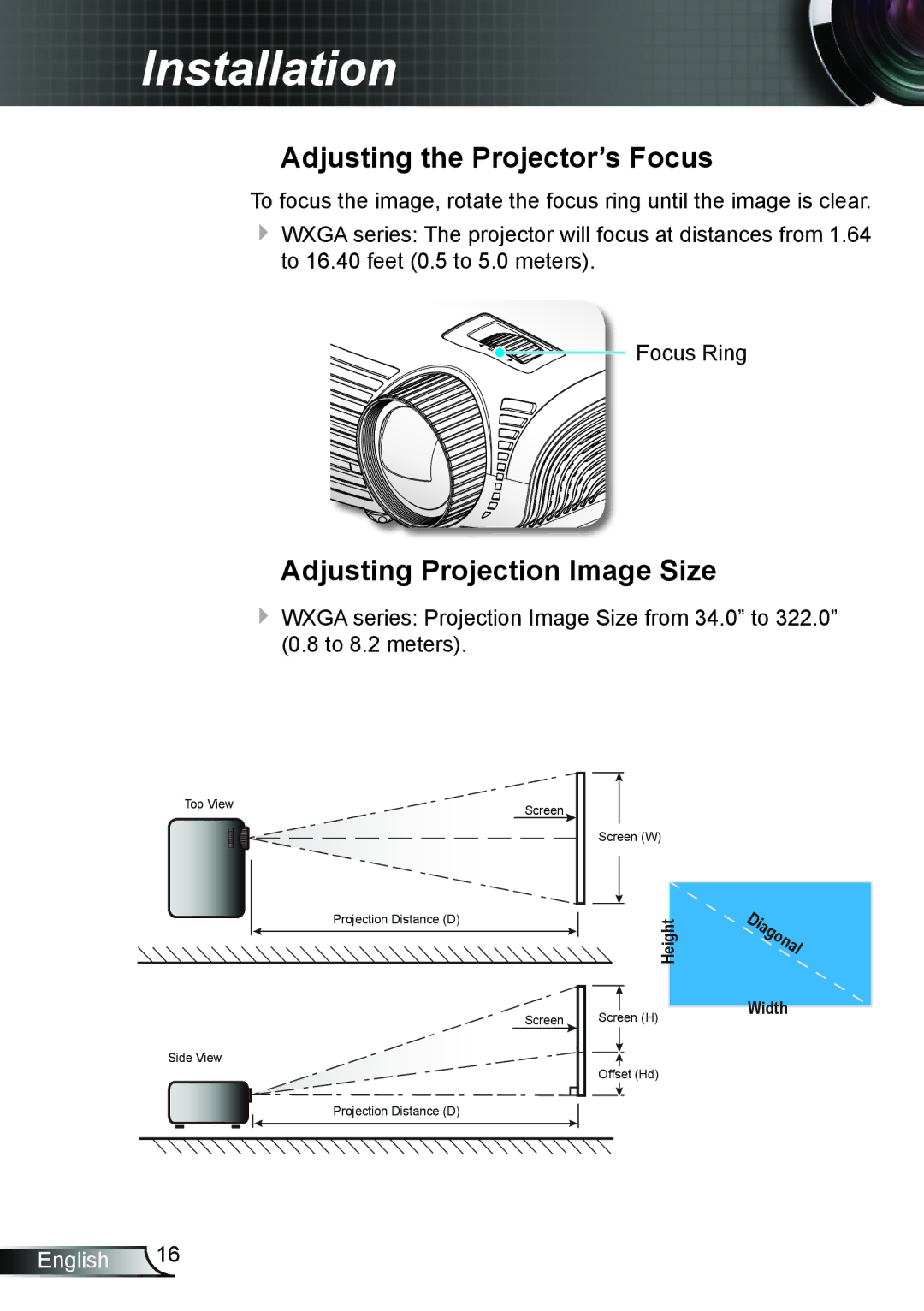 Optoma Technology GT750E manual Adjusting the Projector’s Focus, Adjusting Projection Image Size 