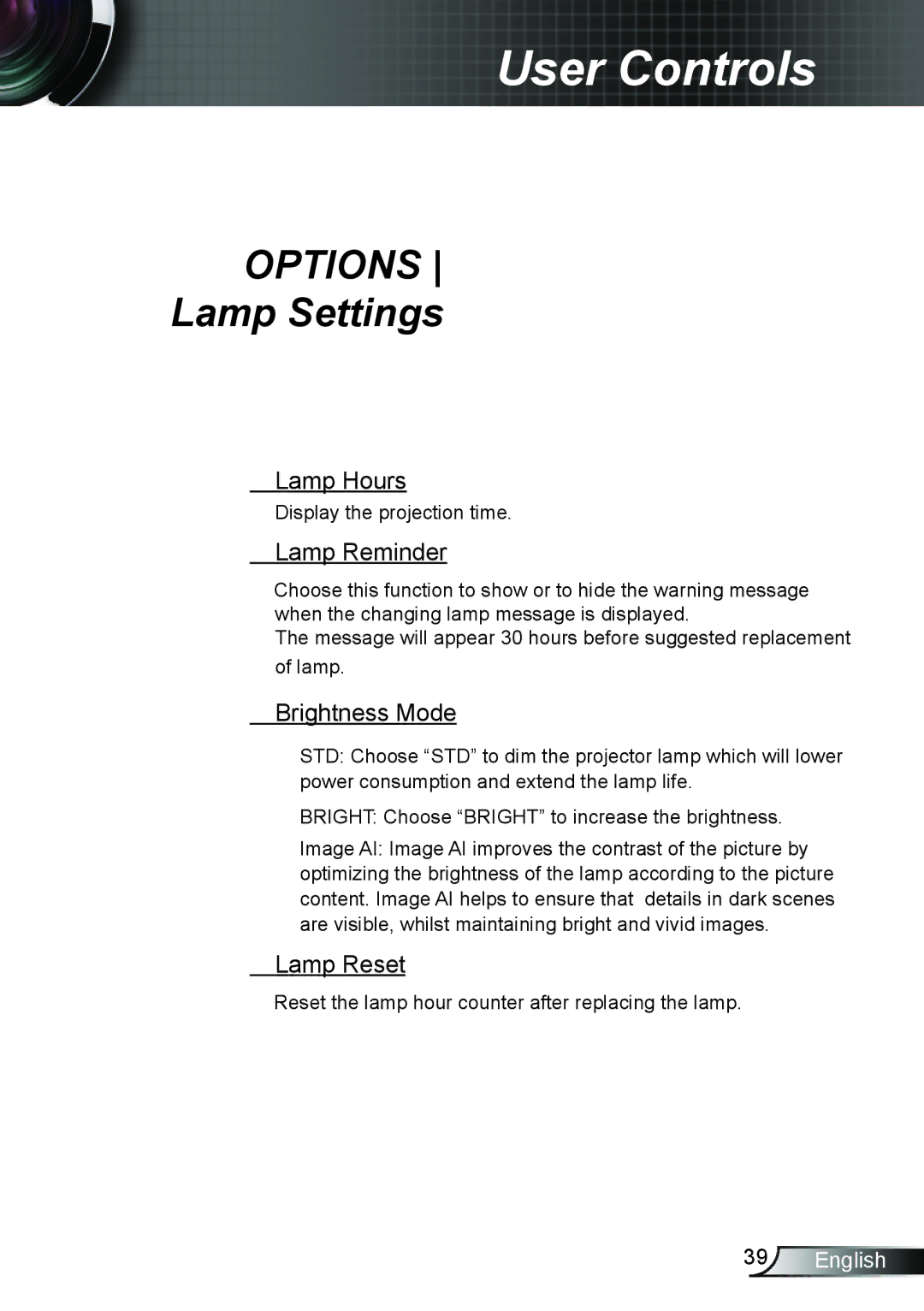 Optoma Technology GT750E manual Lamp Hours, Lamp Reminder, Brightness Mode, Lamp Reset 