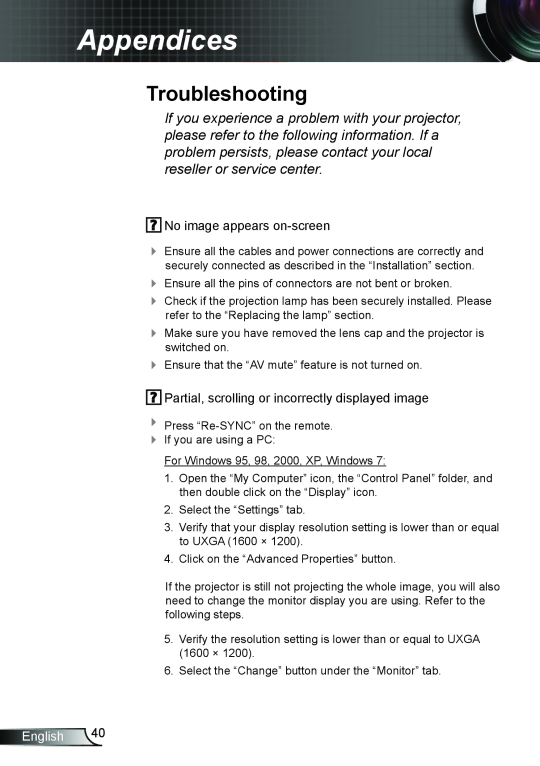 Optoma Technology GT750E manual Appendices, Troubleshooting 