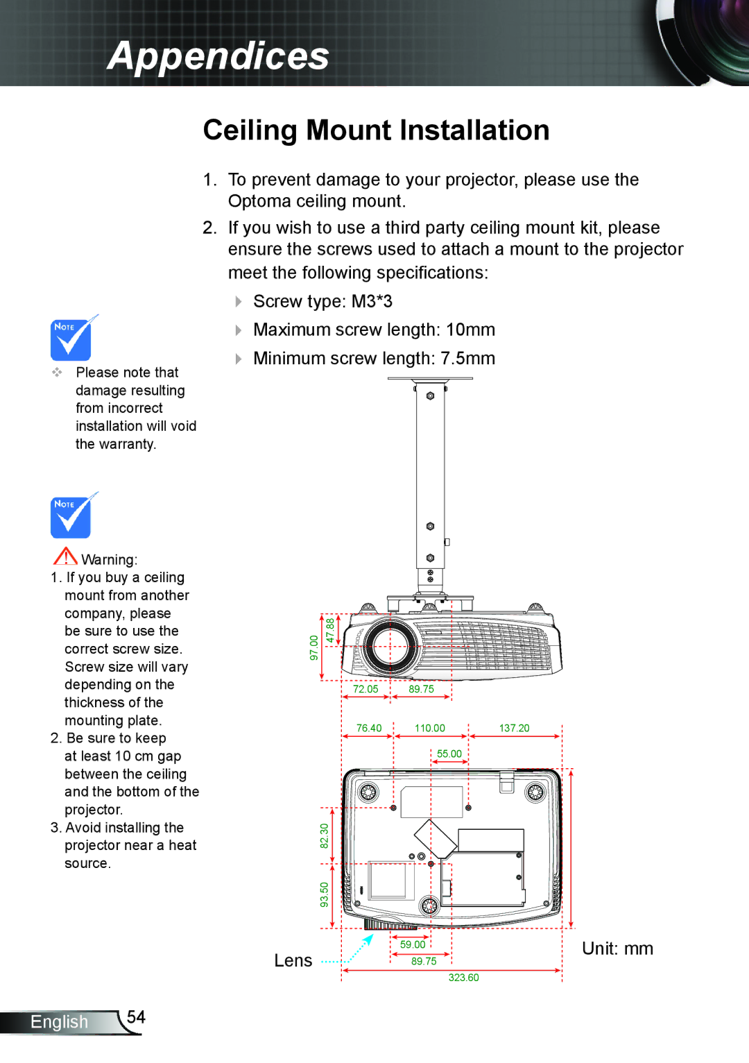 Optoma Technology GT750E manual Ceiling Mount Installation 