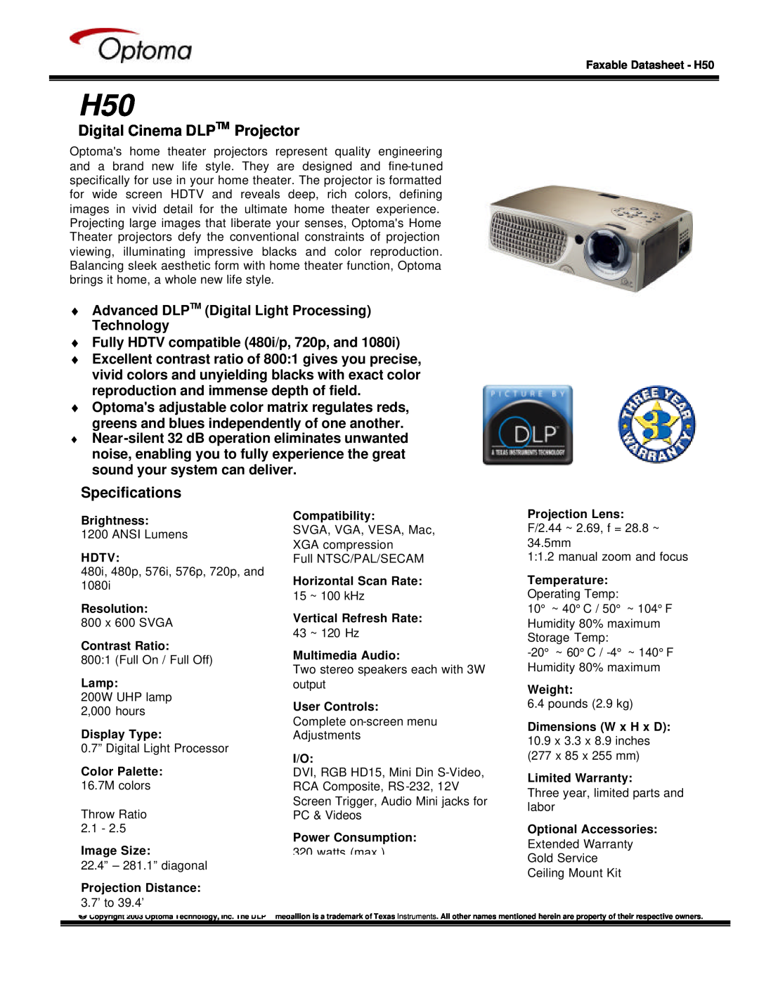 Optoma Technology H50 specifications Digital Cinema DLPTM Projector, Specifications 