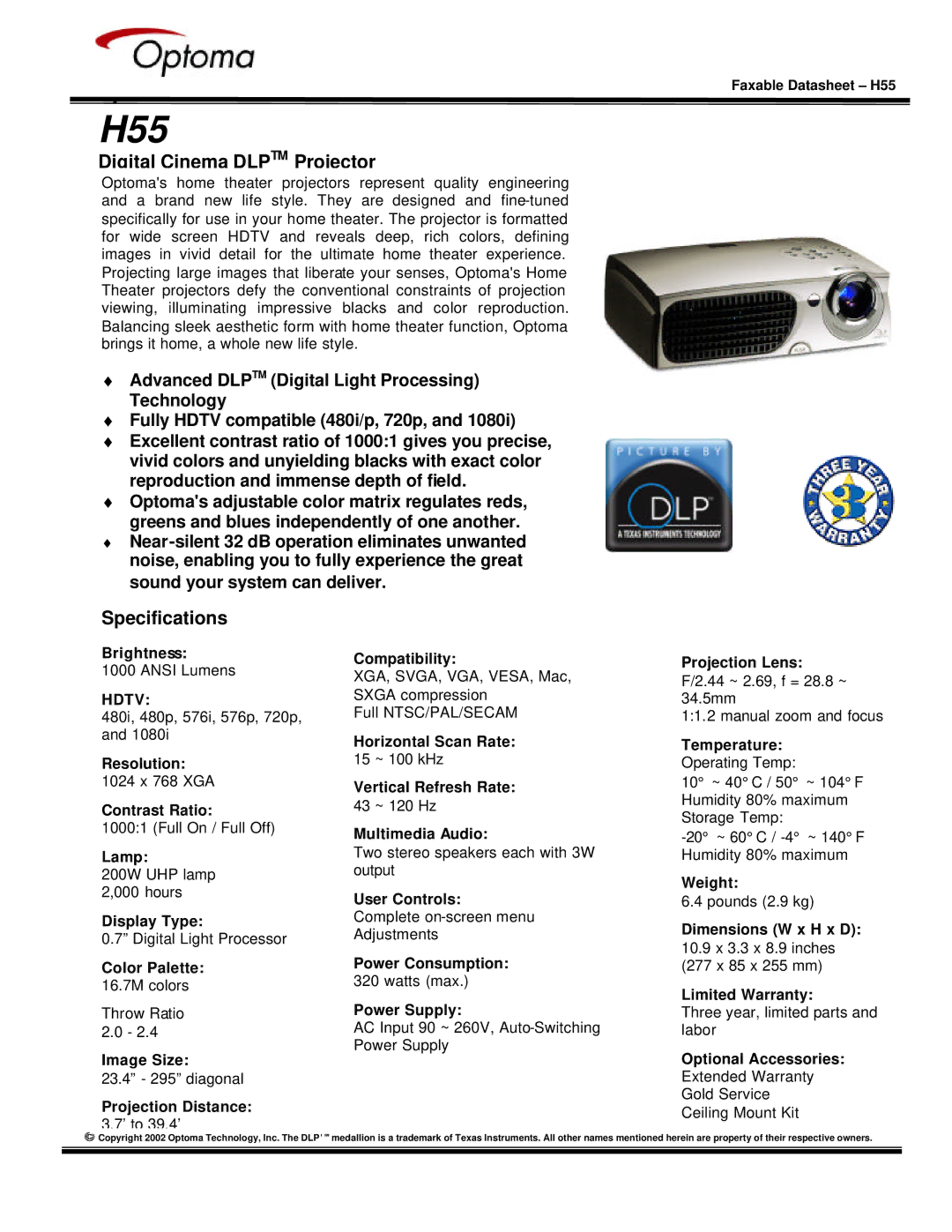 Optoma Technology H55 specifications Digital Cinema Dlptm Projector, Specifications, Hdtv 