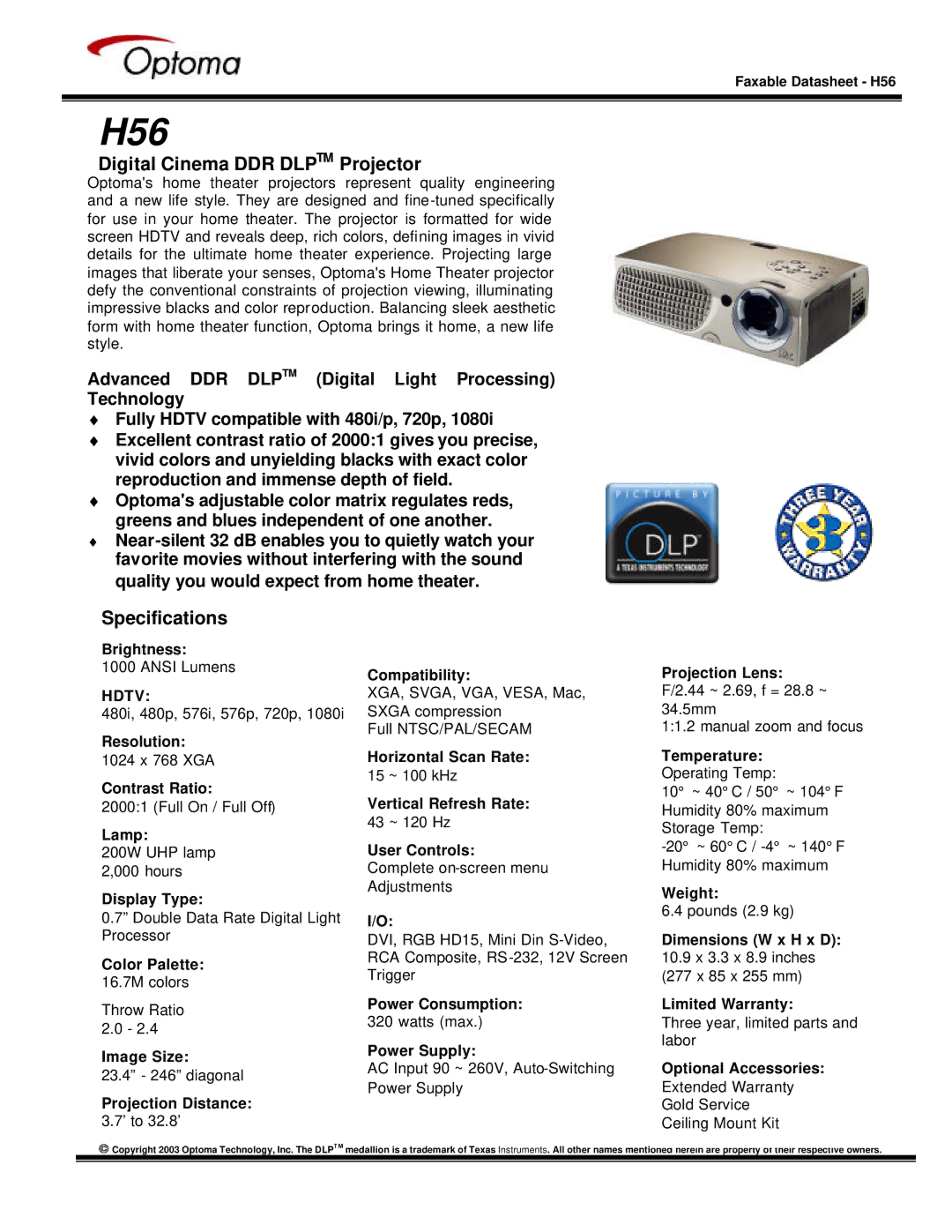 Optoma Technology H56 specifications Digital Cinema DDR Dlptm Projector, Specifications, Hdtv 