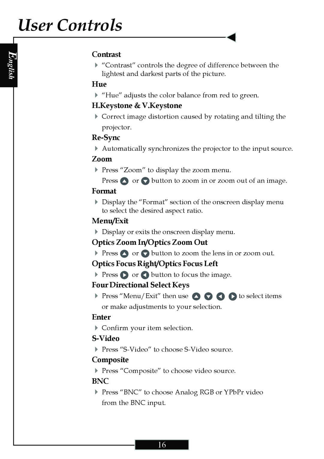 Optoma Technology H77 Contrast, Hue, Keystone & V.Keystone, Re-Sync, Zoom, Format, Menu/Exit, Four Directional Select Keys 