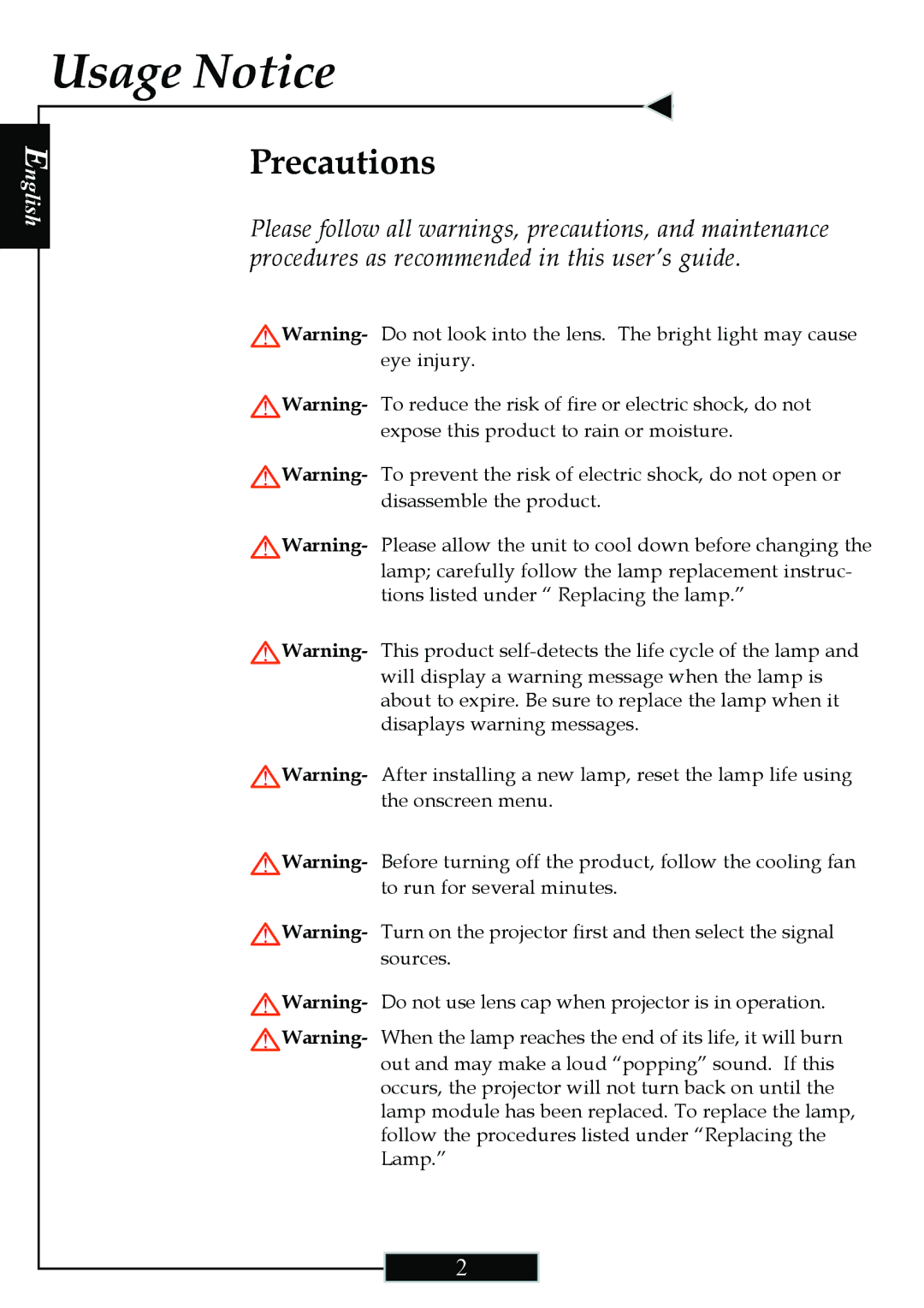 Optoma Technology H77 manual Usage Notice, Precautions 