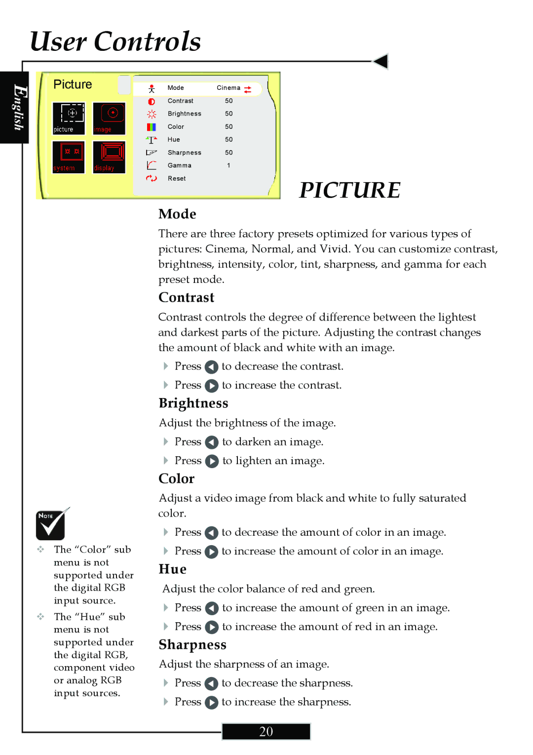 Optoma Technology H77 manual Mode, Contrast, Brightness, Color, Hue, Sharpness 