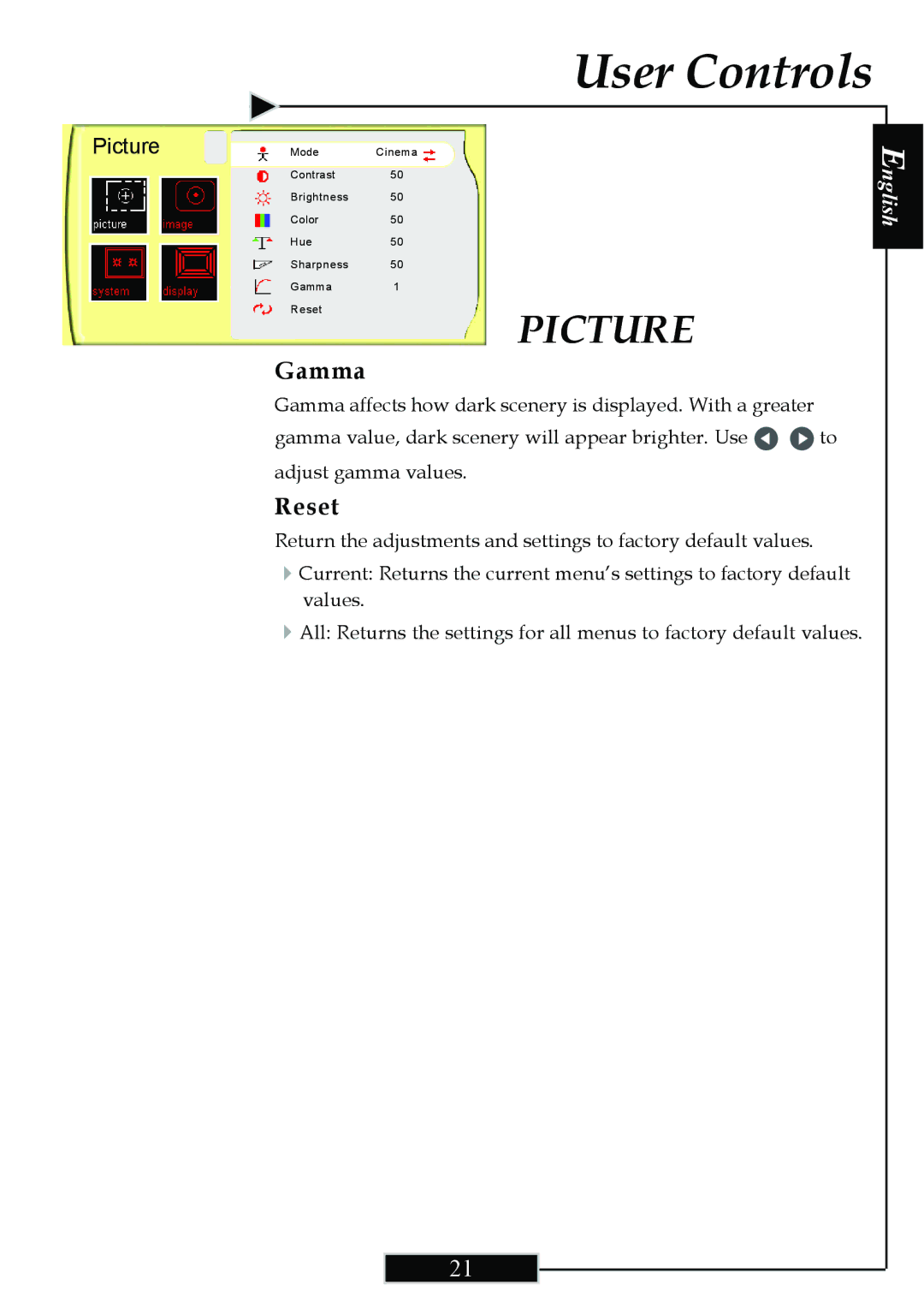 Optoma Technology H77 manual Gamma, Reset 