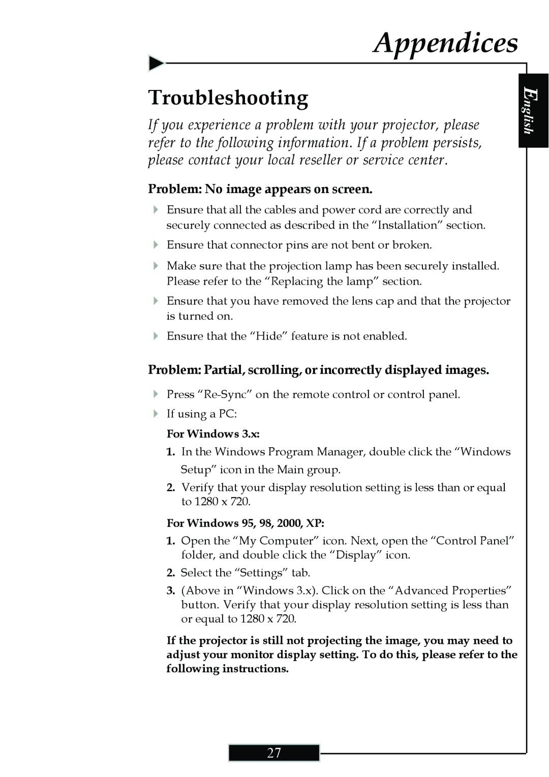 Optoma Technology H77 manual Appendices, Troubleshooting, Problem No image appears on screen 