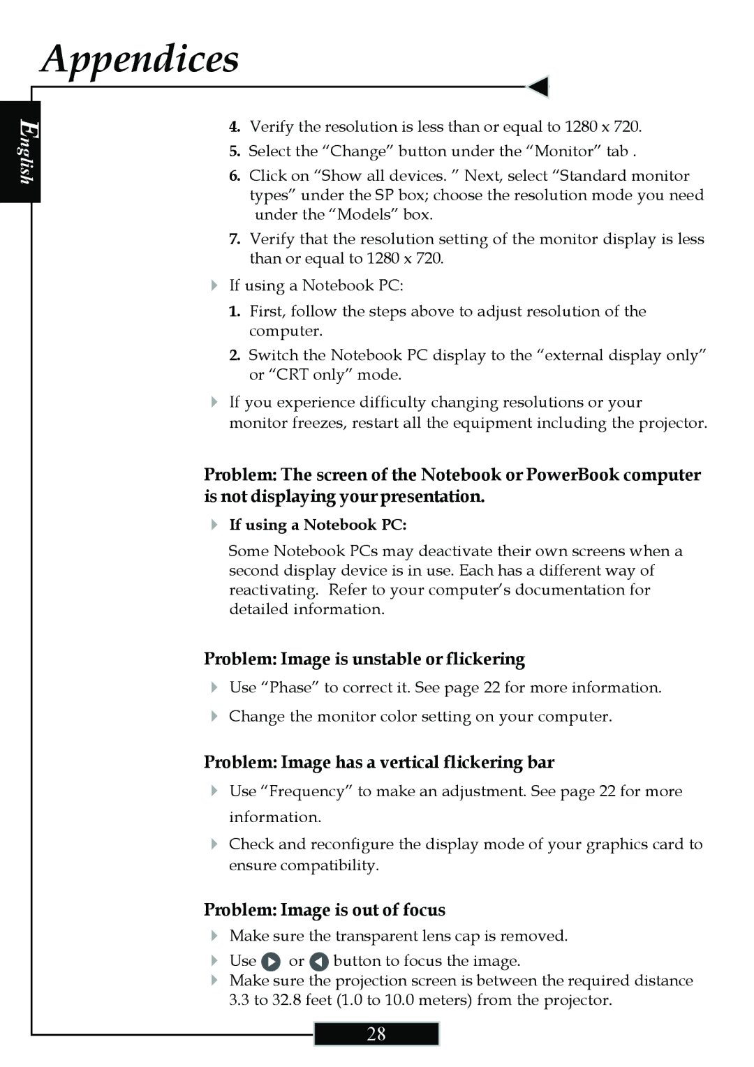 Optoma Technology H77 manual Problem Image is unstable or flickering, Problem Image has a vertical flickering bar 