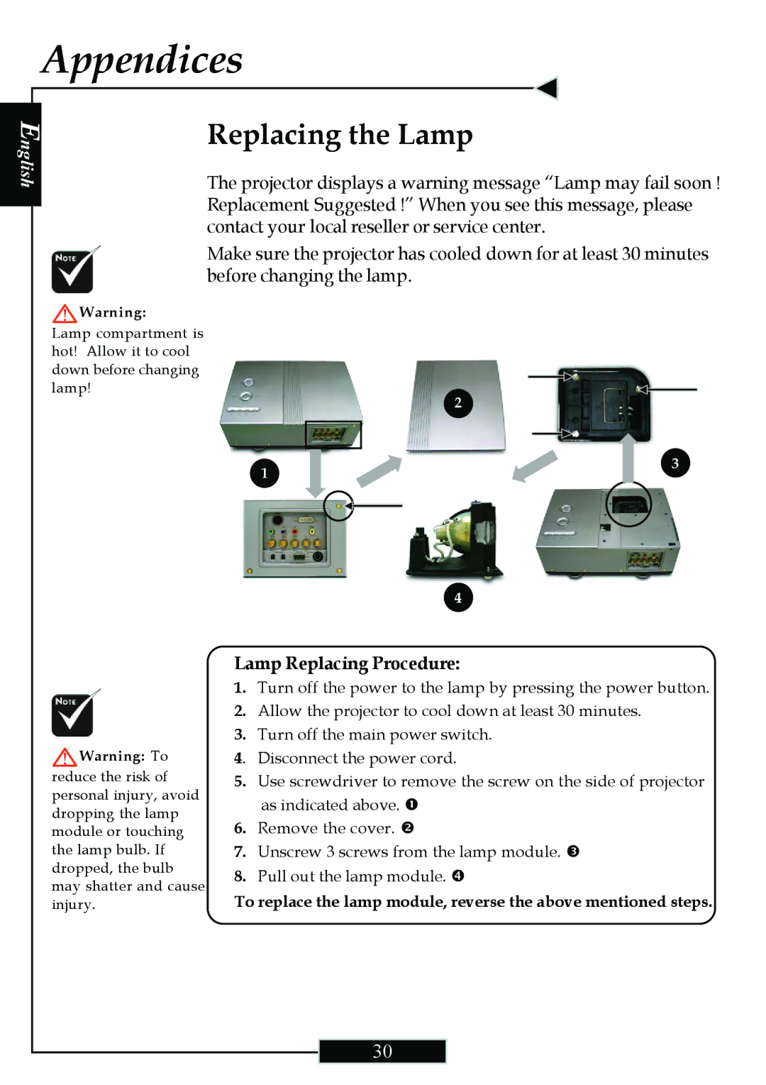 Optoma Technology H77 manual Replacing the Lamp, Lamp Replacing Procedure 