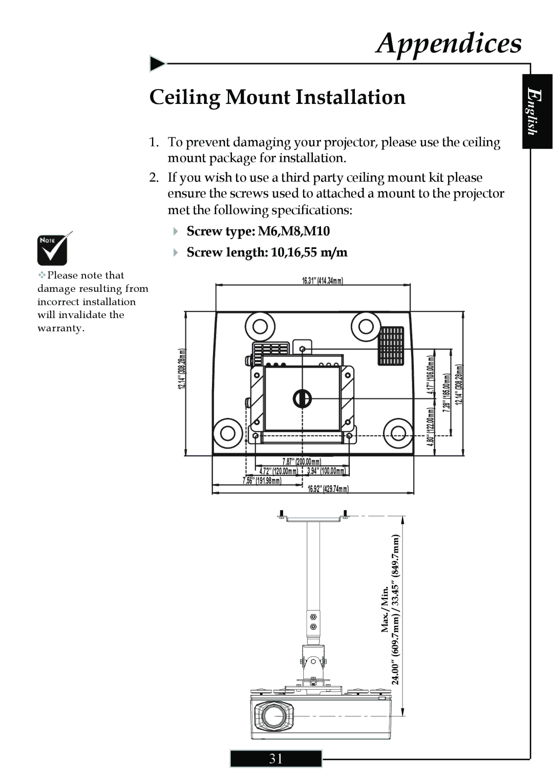 Optoma Technology H77 manual Ceiling Mount Installation, Screw type M6,M8,M10 Screw length 10,16,55 m/m 