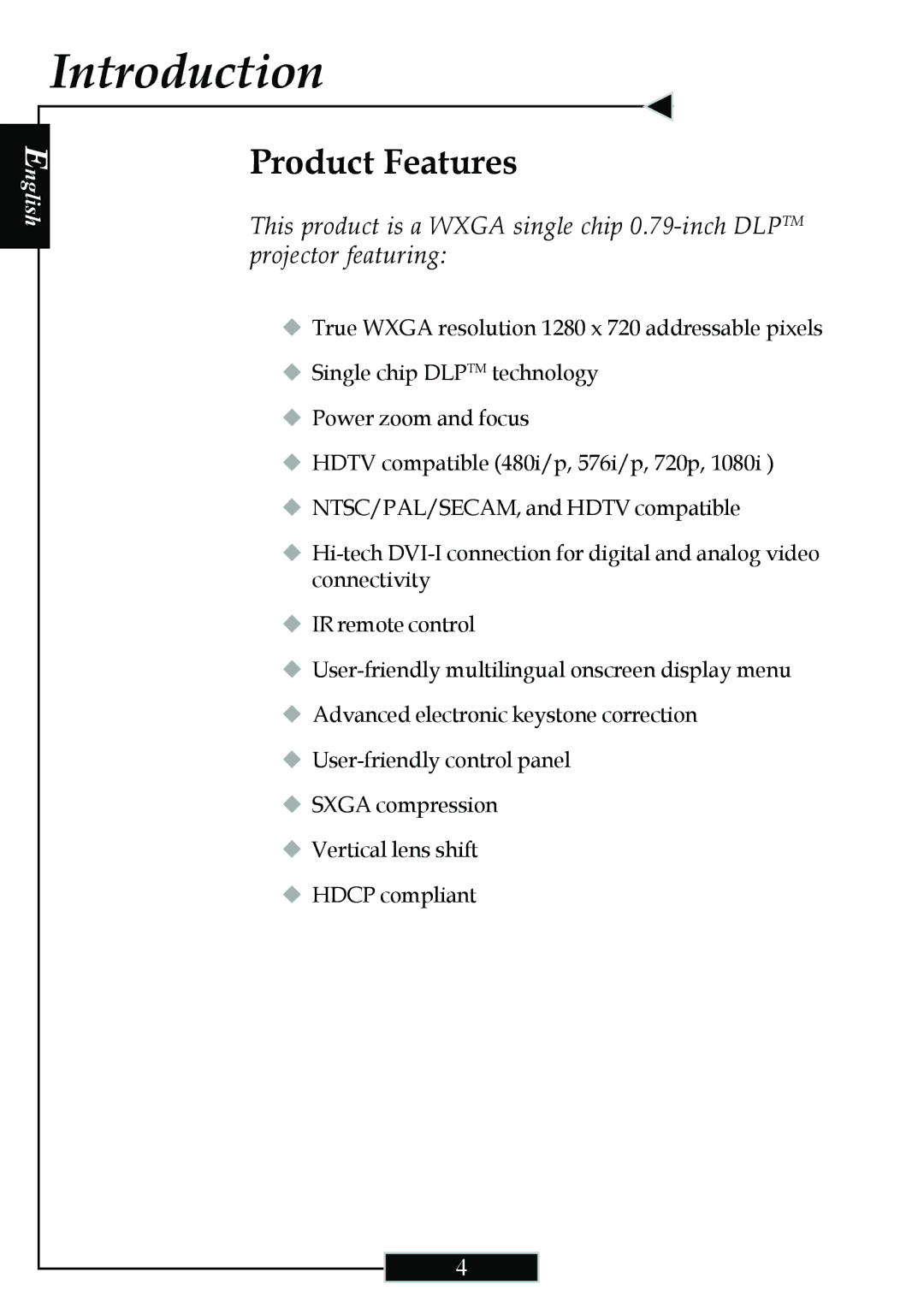 Optoma Technology H77 manual Introduction, Product Features 